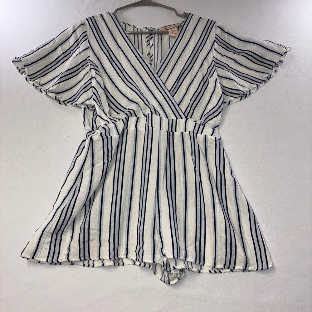 592 Coastal Flying Tomato Striped Romper L Navy White Flutter Sleeve